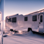 An image showcasing a frozen camper scene with icicles hanging from pipes, surrounded by a snowy landscape
