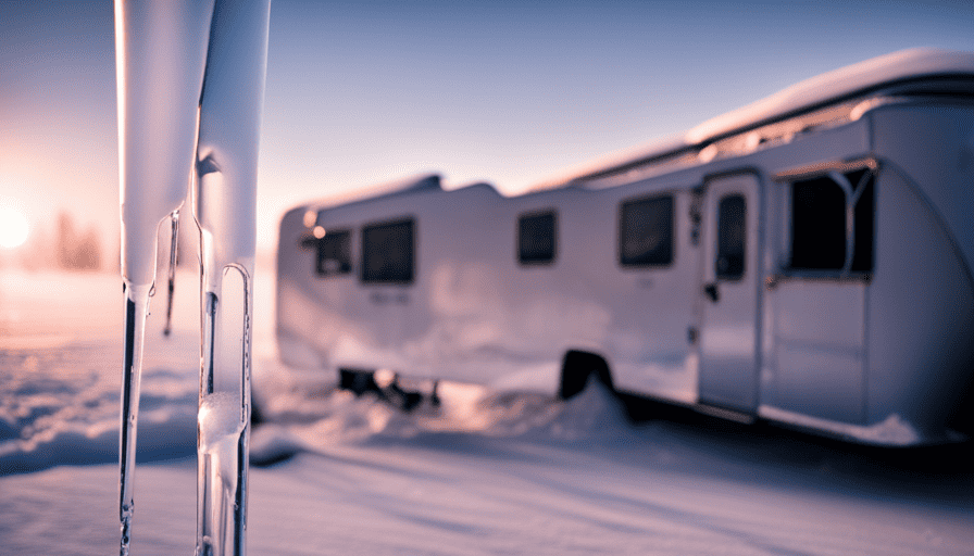 An image showcasing a frozen camper scene with icicles hanging from pipes, surrounded by a snowy landscape