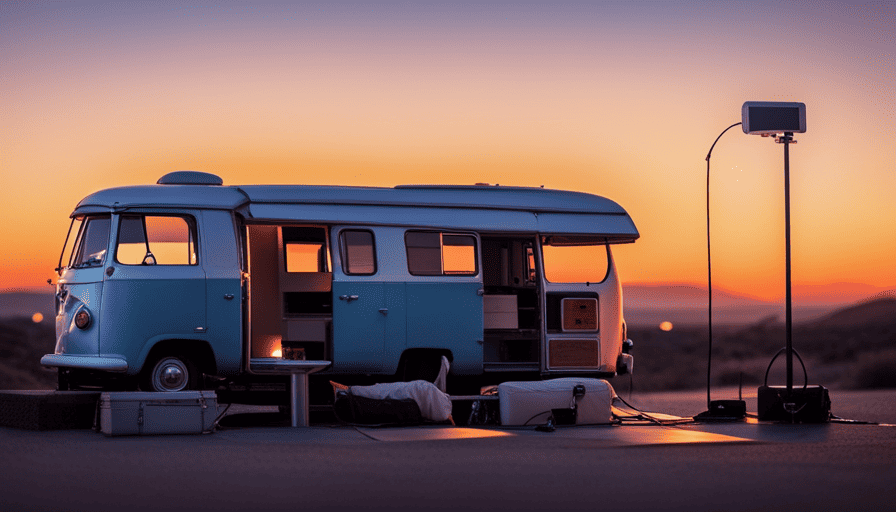 An image showcasing a camper van illuminated by a soft sunset glow, parked next to an electrical hookup pedestal
