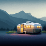 An image showcasing a dimly lit camper parked amidst a serene forest backdrop