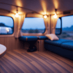 An image that showcases a dimly lit camper interior at dusk, with a power cord plugged into an outlet