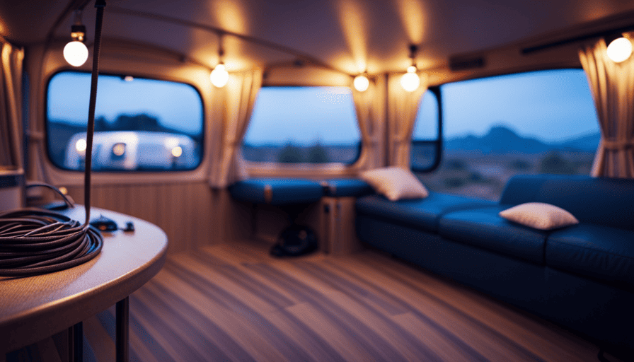 An image that showcases a dimly lit camper interior at dusk, with a power cord plugged into an outlet