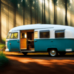 An image capturing the essence of a shaky camper in motion: a blurred silhouette amidst a vibrant forest backdrop