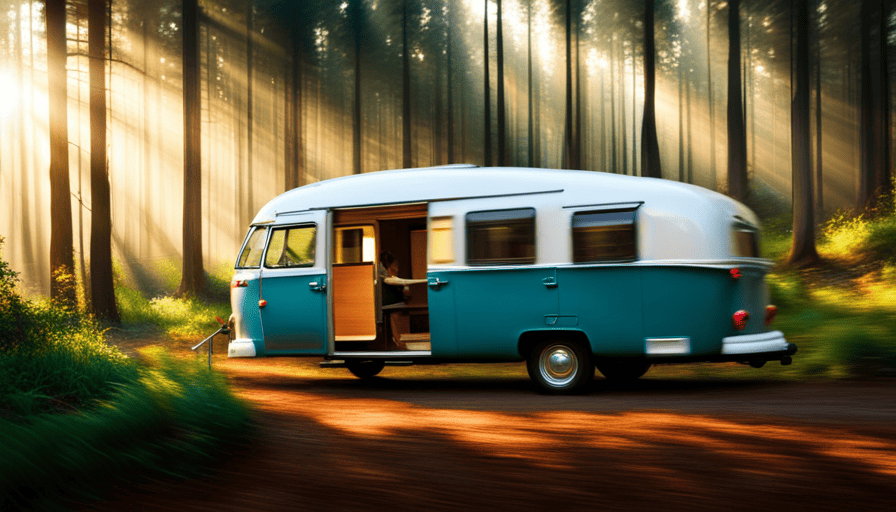 An image capturing the essence of a shaky camper in motion: a blurred silhouette amidst a vibrant forest backdrop