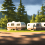 An image capturing the serene beauty of a lakeside campground, with rows of well-equipped campers nestled among towering pine trees