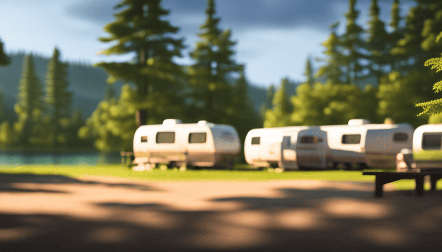 An image capturing the serene beauty of a lakeside campground, with rows of well-equipped campers nestled among towering pine trees