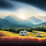 An image showcasing a sturdy camper parked on a sloping terrain, nestled amidst a dense forest