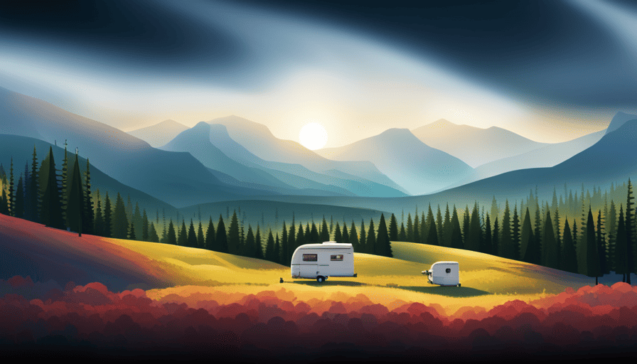 An image showcasing a sturdy camper parked on a sloping terrain, nestled amidst a dense forest