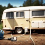 An image depicting a camper van parked at a campsite, connected to a power outlet via a heavy-duty extension cord