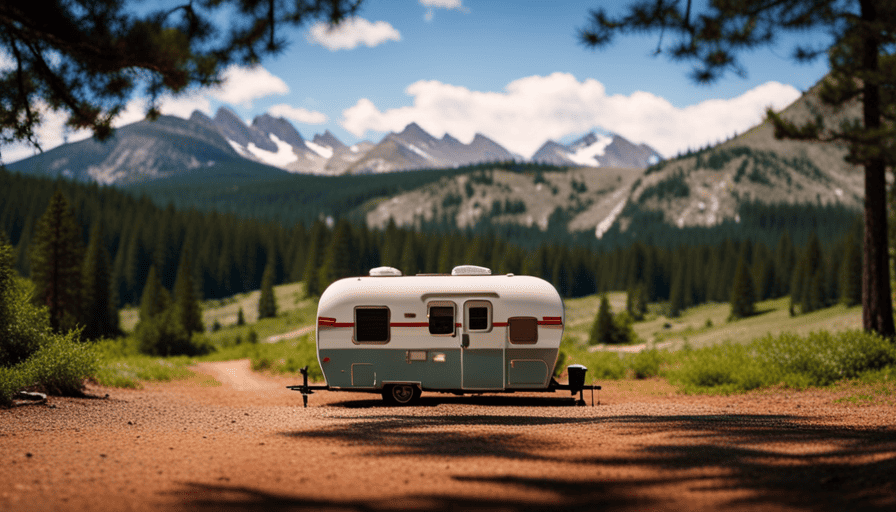 An image showcasing a sprawling campground, revealing a tiny camper nestled amidst towering pine trees, with a backdrop of majestic mountains, emphasizing the minuscule scale of a camper in the vastness of nature