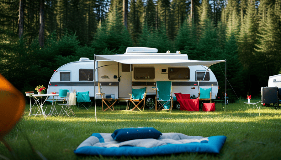 An image showcasing a sprawling campsite surrounded by lush greenery, with a pop-up camper parked in the foreground