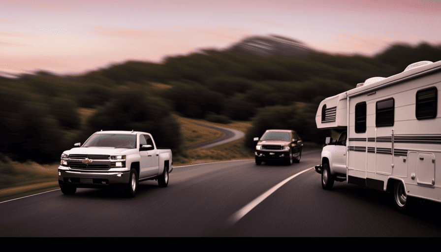 An image showcasing a sturdy Chevy 1500 truck effortlessly towing a spacious camper