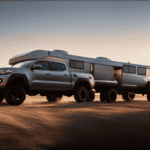 An image showcasing a powerful Toyota Tacoma effortlessly towing a massive camper, highlighting its sturdy chassis, robust suspension, and reinforced hitch