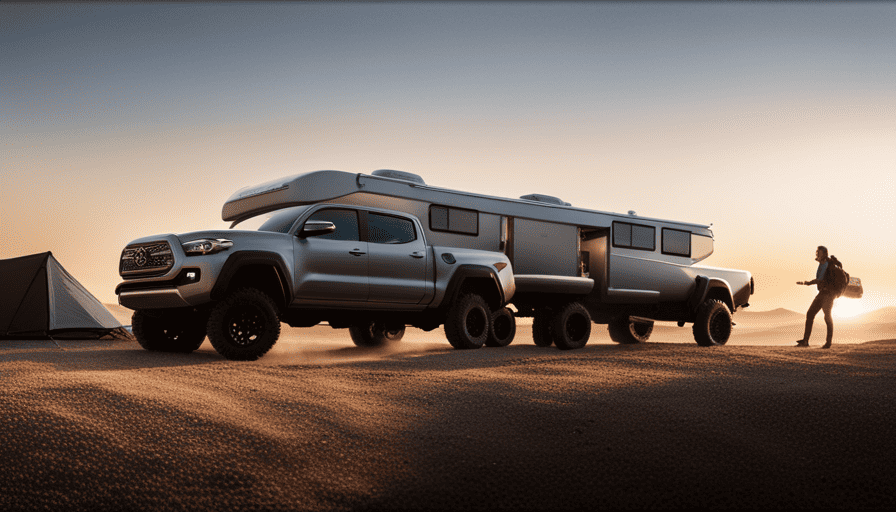 An image showcasing a powerful Toyota Tacoma effortlessly towing a massive camper, highlighting its sturdy chassis, robust suspension, and reinforced hitch