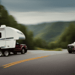 An image showcasing a powerful F150 Ecoboost truck effortlessly towing an enormous camper, highlighting its robust towing capacity