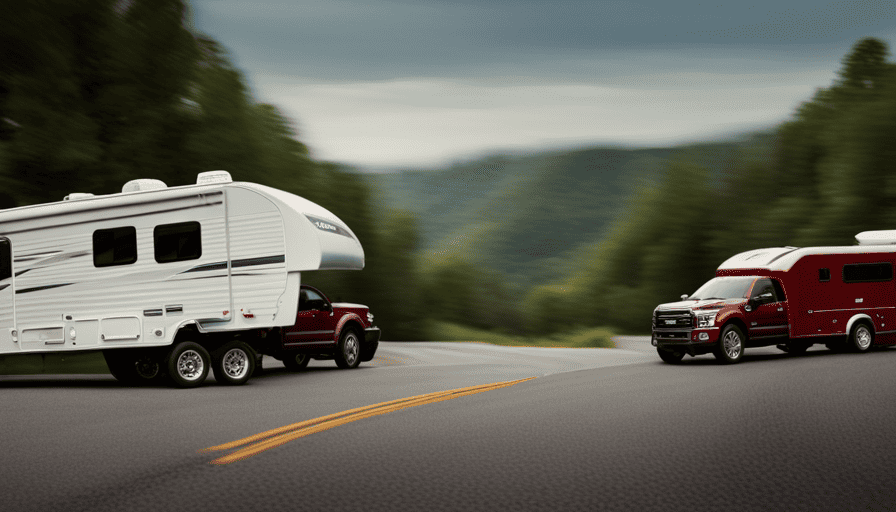 An image showcasing a powerful F150 Ecoboost truck effortlessly towing an enormous camper, highlighting its robust towing capacity