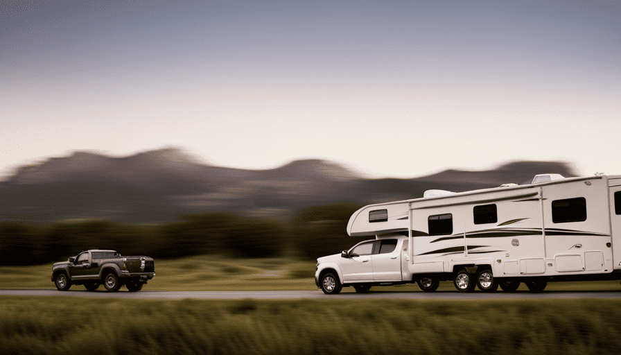 An image depicting a powerful 1/2 ton truck effortlessly towing a spacious camper, showcasing its immense towing capacity