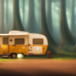 An image showcasing a spacious campground with a cozy camper nestled among towering trees