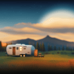 An image showcasing a cozy camper nestled among lush, towering trees, with a powerful generator seamlessly blending into the scenery