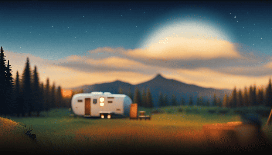 An image showcasing a cozy camper nestled among lush, towering trees, with a powerful generator seamlessly blending into the scenery