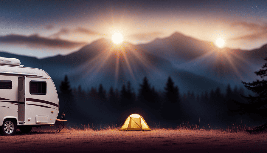 An image showcasing a spacious camper parked in a serene natural setting, with a generator placed nearby