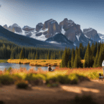 An image capturing the serene solitude of living in a camper on your very own land: a cozy camper nestled beneath towering pine trees, smoke curling from the chimney, with a meandering river nearby and a backdrop of majestic mountains