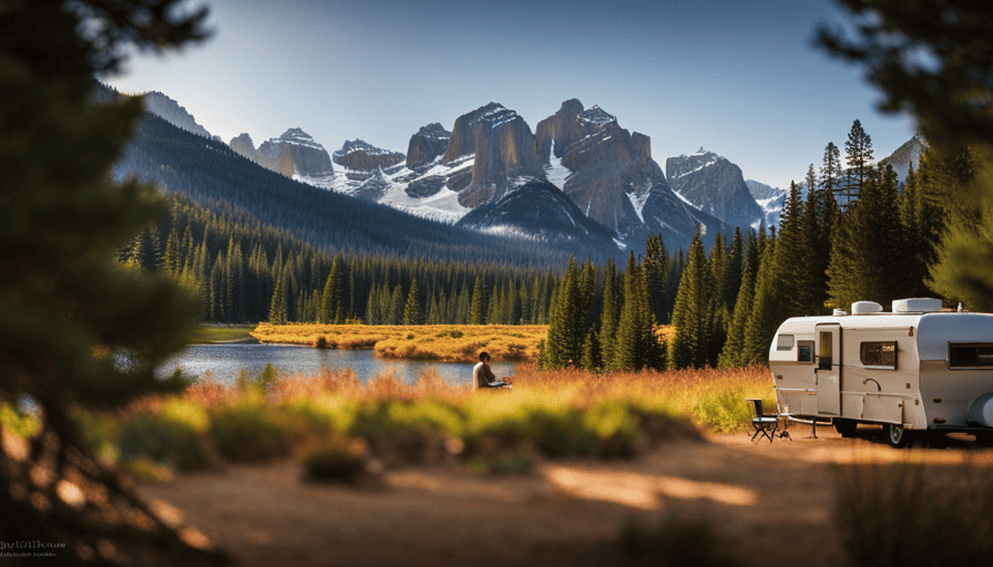 An image capturing the serene solitude of living in a camper on your very own land: a cozy camper nestled beneath towering pine trees, smoke curling from the chimney, with a meandering river nearby and a backdrop of majestic mountains