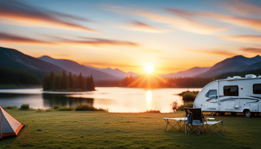 An image capturing a serene campsite scene, with a camper parked beside a picturesque lake