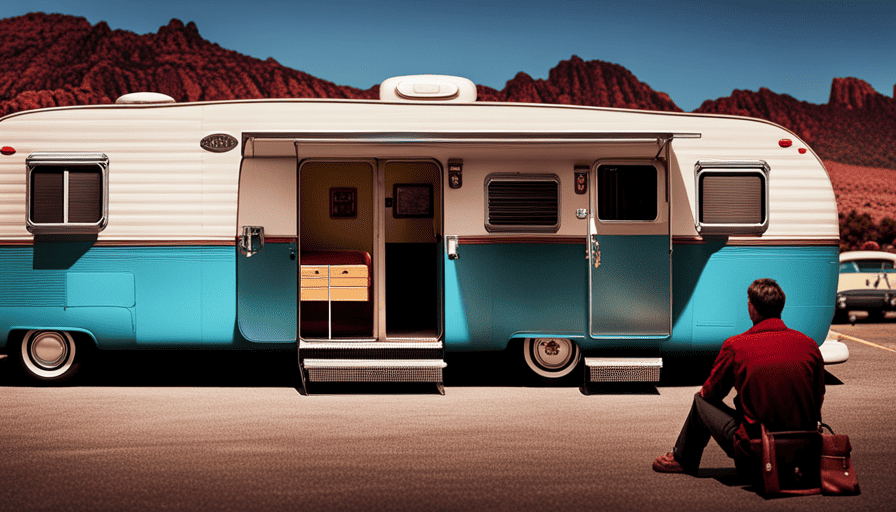 An image depicting a vintage camper sitting in a Department of Motor Vehicles parking lot, surrounded by paperwork, as a person approaches a window labeled "Title Services" with a hopeful expression