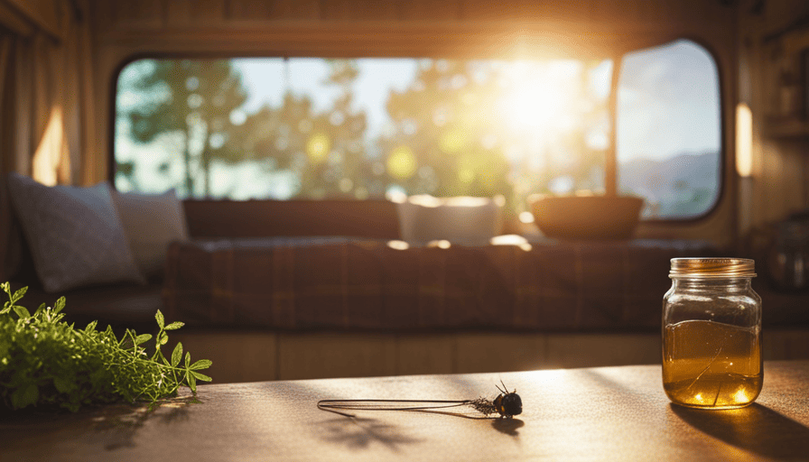 An image capturing a serene camper interior with open windows, golden sunlight streaming in, while a fly swatter rests on the table beside a jar filled with fresh herbs, emanating a strong, natural aroma