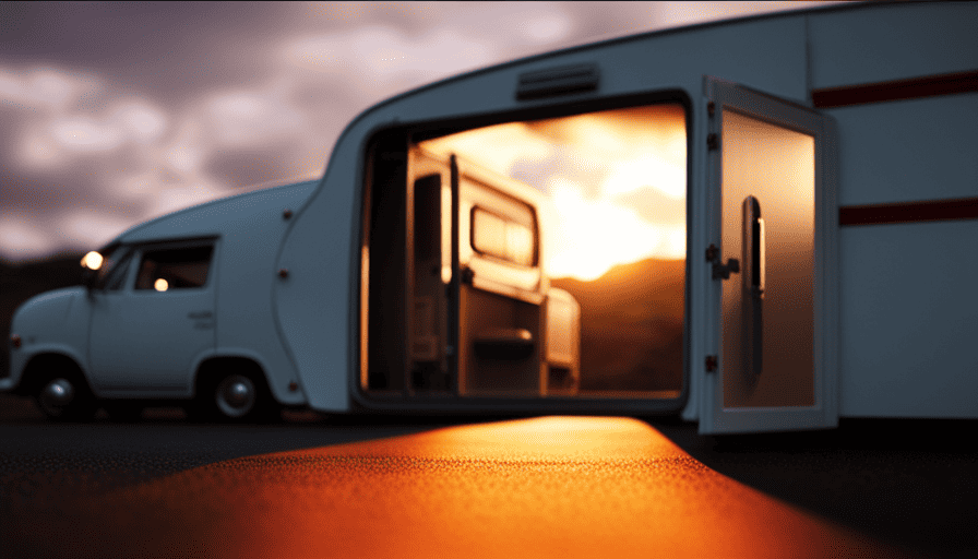 An image that showcases a tightly sealed camper door, reinforced with weather stripping, while a mouse outside looks frustrated, unable to squeeze through the small gaps