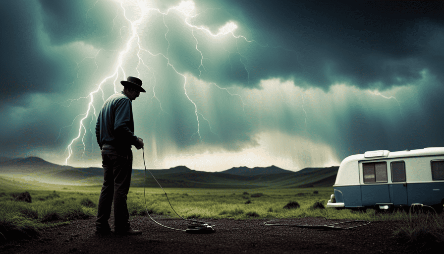 An image that depicts a camper parked on a wet ground, with a person standing nearby, holding a power cord