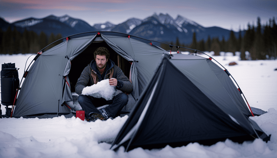 An image capturing a camper nestled amidst a snowy landscape, with a close-up of a person meticulously wrapping insulation around pipes, sealing windows, and covering tires, showcasing the intricate process of winterizing a camper