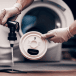 An image showcasing a step-by-step visual guide for emptying a camper toilet: a person in gloves unscrewing the waste tank cap, connecting a sewer hose, and emptying the contents into a designated disposal station