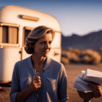 An image depicting a person standing in front of a vintage camper, holding a pile of paperwork and a set of keys, while a frustrated expression gradually transforms into a smile of accomplishment
