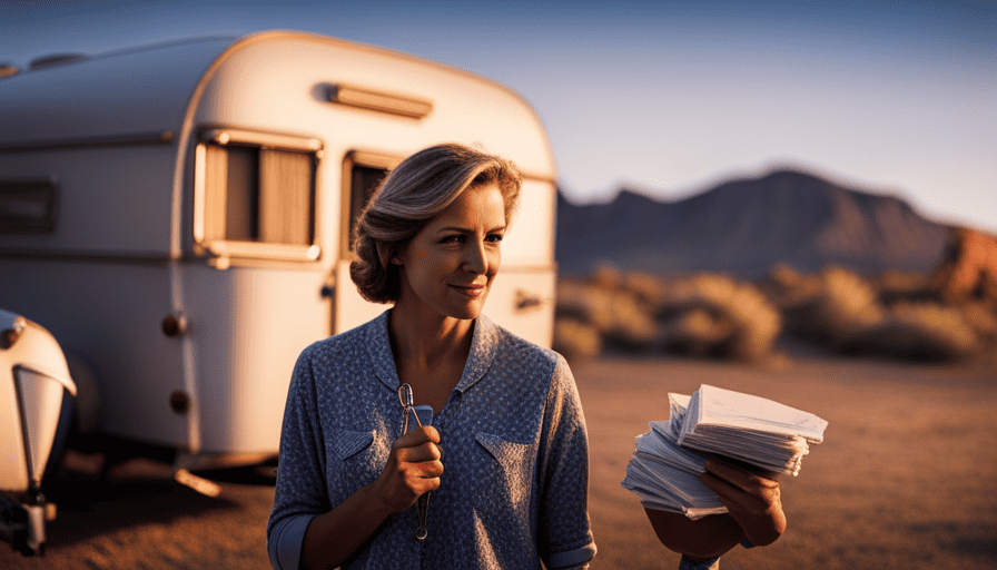 An image depicting a person standing in front of a vintage camper, holding a pile of paperwork and a set of keys, while a frustrated expression gradually transforms into a smile of accomplishment