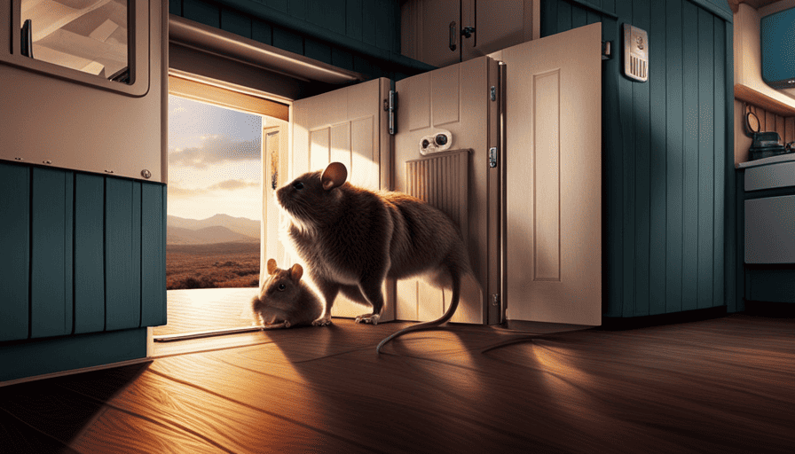 An image capturing a tightly sealed camper door, fortified with rubber weatherstripping, while a determined mouse tries to squeeze through a minuscule gap