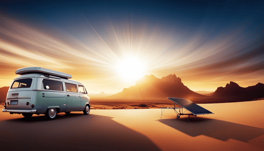 An image showcasing a vibrant solar panel seamlessly integrated onto the roof of a camper van, bathed in sunlight