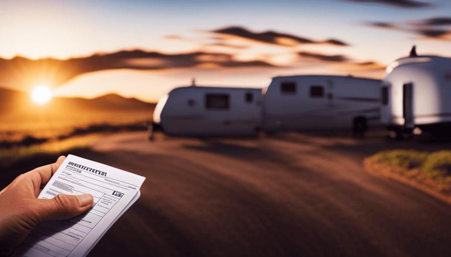 -up shot of a person's hand holding a stack of paperwork, including loan applications, financial statements, and credit reports, with a faint reflection of a camper van in the background