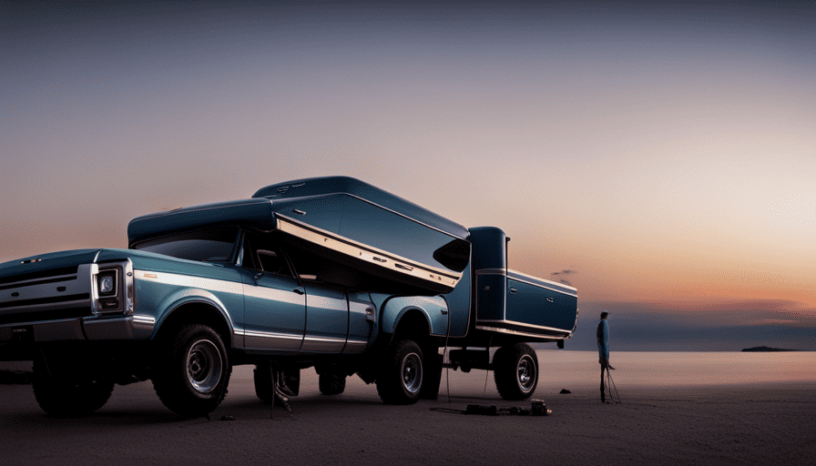 An image capturing the essence of weight as a camper shell sits atop a sturdy truck, firmly pressing against the vehicle's suspension, showcasing the tension in the tires, and emphasizing the strain on the truck's frame