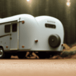An image showcasing a rugged camper parked beside a massive scale, its sturdy wheels firmly planted on the ground