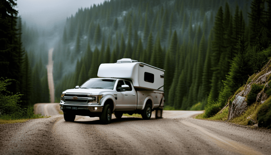 An image showcasing a sturdy pickup truck effortlessly hauling a pop-up camper up a steep mountain road