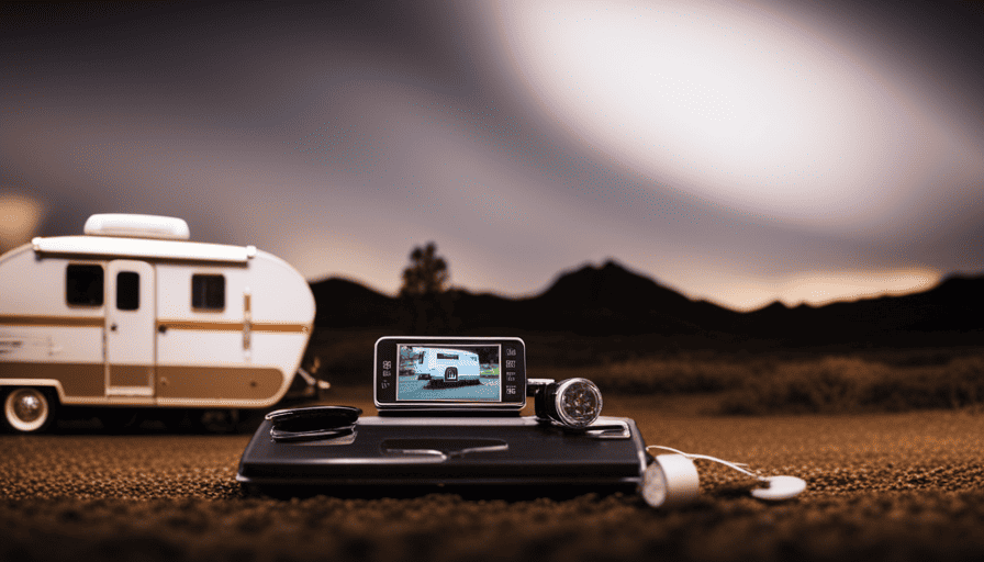 An image capturing a compact camper parked beside a weight scale, showcasing its lightweight design