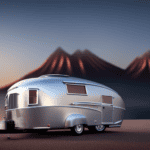 An image that showcases a sleek teardrop camper parked on a scale, revealing its weight