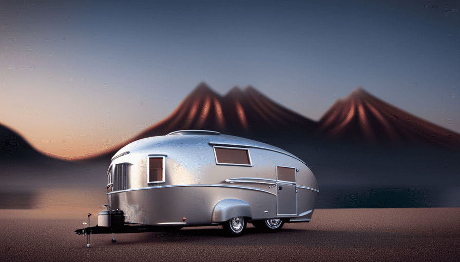 An image that showcases a sleek teardrop camper parked on a scale, revealing its weight