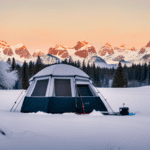 An image capturing the essence of winterizing a camper: a serene snow-covered campground with empty, tightly wrapped campers, each flaunting their protective covers, surrounded by frost-kissed trees and a frozen lake in the backdrop