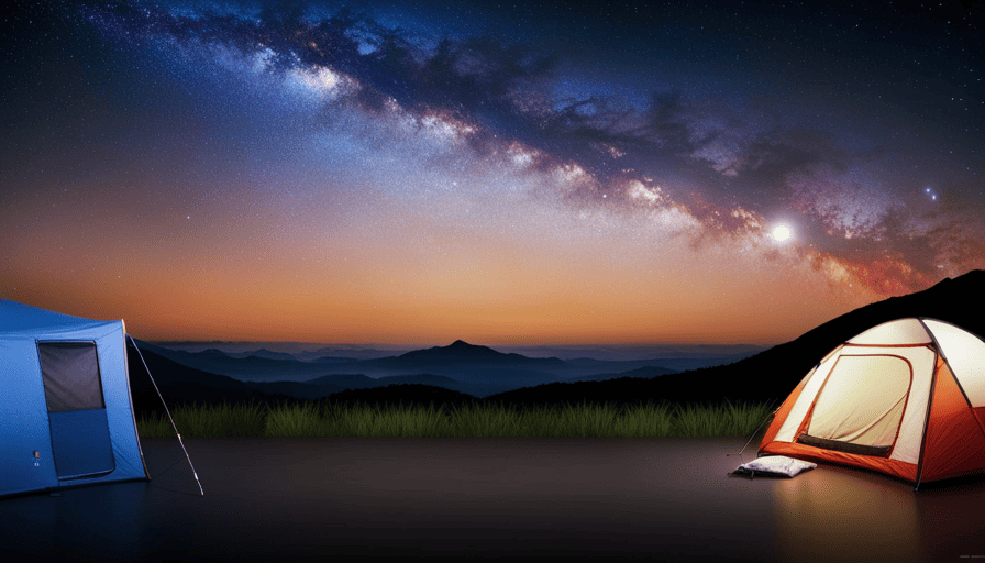 An image featuring a serene campsite beneath a star-filled sky, with a road winding into the distance