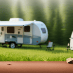 An image that captures a serene campsite setting, with a modern camper parked in the foreground