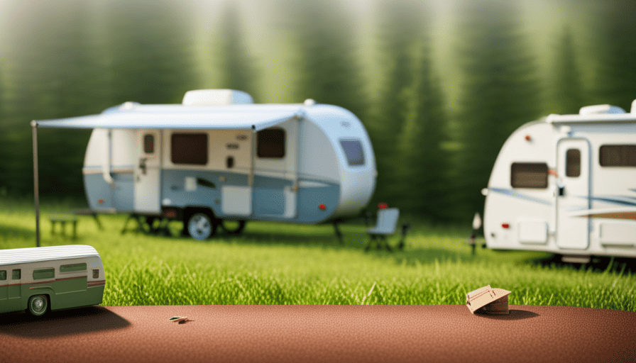 An image that captures a serene campsite setting, with a modern camper parked in the foreground