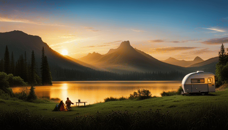 An image showcasing a serene campsite with a spacious camper parked nearby, surrounded by lush greenery and a stunning sunset backdrop, symbolizing the limitless possibilities of camper financing